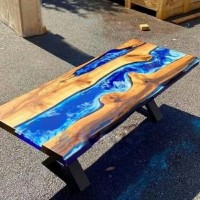 Surf Solid Wood & Live Epoxy Resin Metal Frame Dinning Table