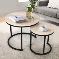 Round Wood Side Tables With Durable Metal Frame, Nesting Coffee Table Set of 2