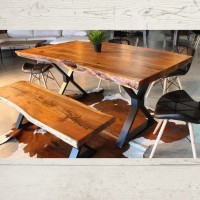 Farmhouse Dining Table. Live Edge Table . Kitchen Furniture . With Metal frame bench