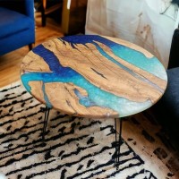 Marine Blue Epoxy Resin & Acacia Solid Wood Coffee Table With Metal Frame