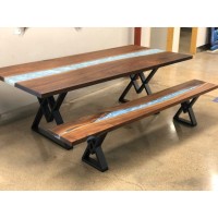 Side Table: Blue River Epoxy Resin, (Matt Finish) With Bench