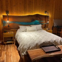 Aquamarine Epoxy Resin Live Edge Solid Wood Bed Headboard